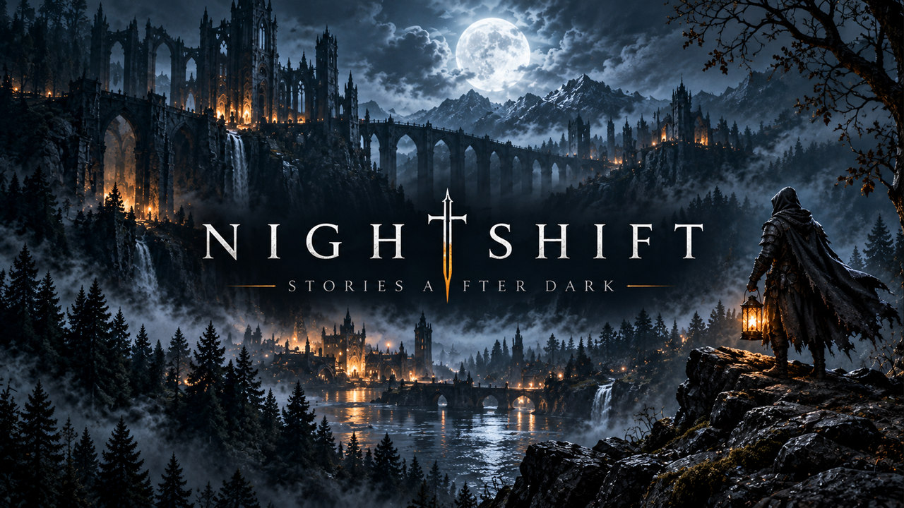 NIGHTSHIFT channel banner: the centered channel name and Stories After Dark tagline over a moonlit castle and lantern-lit adventurer.