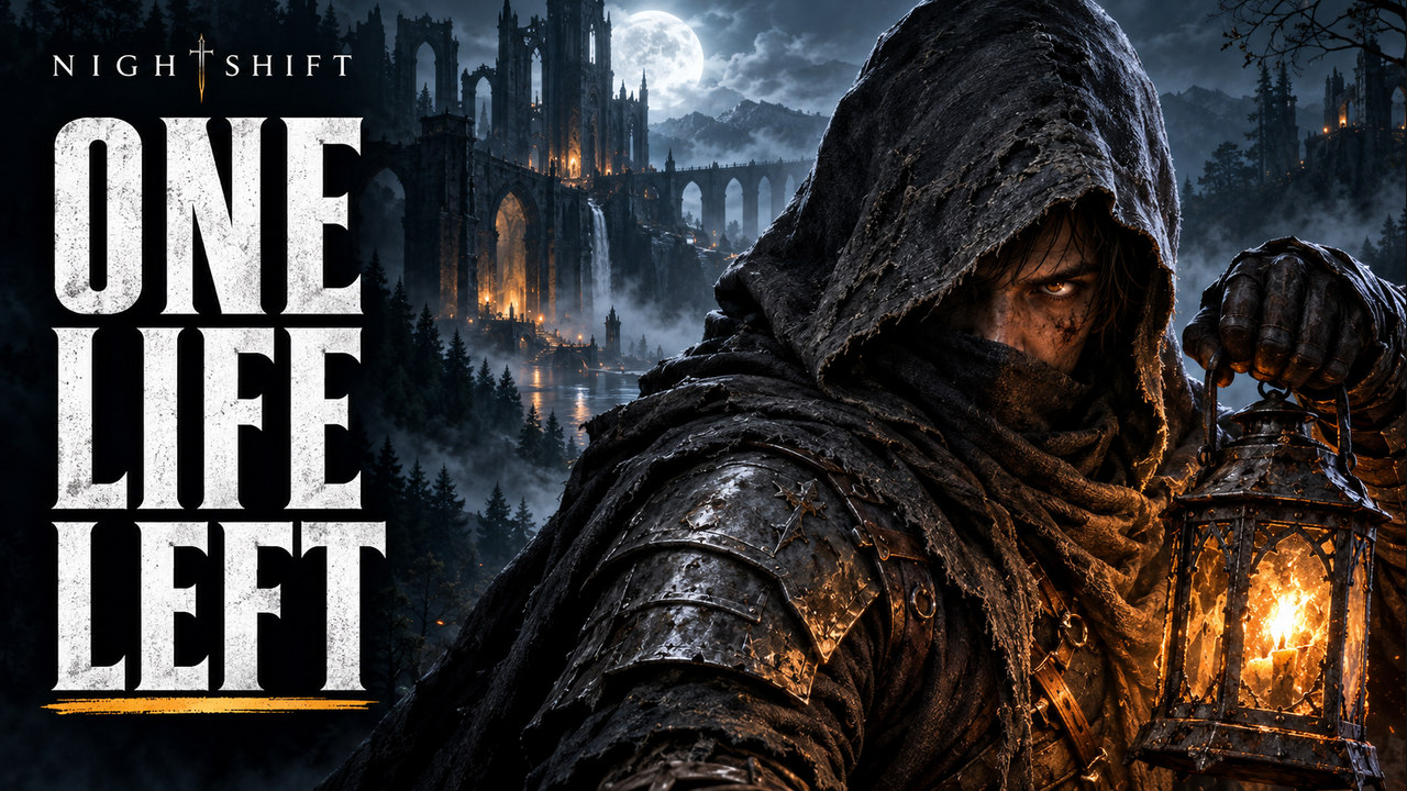 NIGHTSHIFT thumbnail: a hooded adventurer holding a lantern beside the words One Life Left.